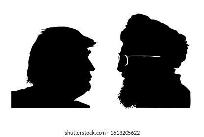 Stone / United Kingdom - January 12 2020: Donald Trump vs. Ali Khamenei. Silhouettes of president of the United States and leader of Iran. Illustrative for US - Iran conflict. Raster illustration.
