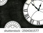 stone wall, big clock, belfry inside, clock hands, windows, stained glass windows, night scene