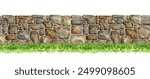 Stone wall surface with green grass seamless border. Watercolor illustration. Painted fence from various stones, rocks, pebbles. Outside landscape surface border. Rocky wall element isolated