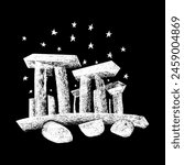 Stonehenge Chalk Drawing White on Black Background