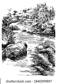 Stones On The Creek. Black And White Hand Drawing With Pen And Ink. Sketch Style.