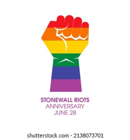 Stonewall Riots Anniversary Illustration. Rainbow LGBT Colored Hand Raised Fist Icon. Rainbow Hand With Clenched Fist Illustration. LGBTQ Design Element Isolated On A White Background. June 28