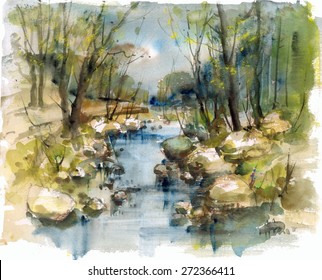 Stony brook in the woods  watercolor illustration
