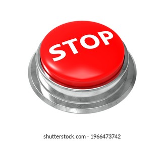 Stop Button. Red STOP Button Isolated. Icon STOP. Text STOP On Button. Buzzer. Round Button With Steel Border. 3D Illustration.