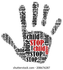 Stop child abuse. Word cloud illustration in shape of hand print showing protest.
