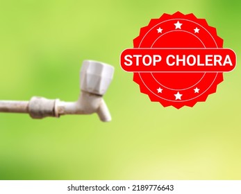 Stop Cholera On Blur Derty Tab Photo. Concept Showing Main Reason For Cholera In Water Pollution.