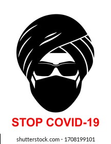 Stop The Coronavirus Covid-19. Warning Against The Spread Of The Pandemic. Isolated Sign Sikh Man In A Medical Mask On A White Background, Illustration