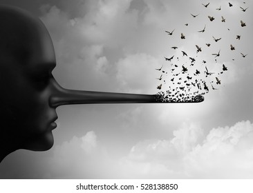 Stop corruption concept or spreading lies symbol as a person with a long nose that is being replaced by flying birds as a metaphor for honesty and communicating rumors in a 3D illustration style.