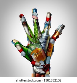 Stop Drugs Hand Or No Drug Addiction Icon As A Health Issue Representing The Dangers And Risk Of Smoking Drinking Alcohol And Medicine Overdose As Opioids As A 3D Illustration.