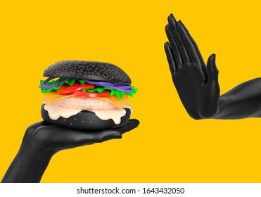 Stop Eating Hands Gesture Junk Food Concept. Hamburger Abstract Sculpture, Fake And Unhealthy Food 3d Illustration.