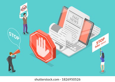 Stop Fake News. 3D Isometric Flat Conceptual Illustration.