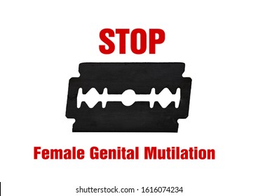 Stop female genital mutilation. Zero tolerance for FGM.  Razor with text isolated on white background.