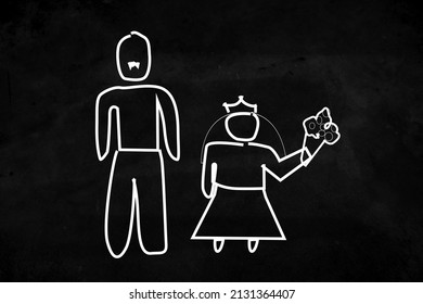 Stop Girl Child Marriage Chalk Illustration Artwork. Girl And Man, Groom And Bride. Forcible Wedding, Female, Women Rights.  Chalkboard Illustrations For Social Cause Posters And Creative Work.