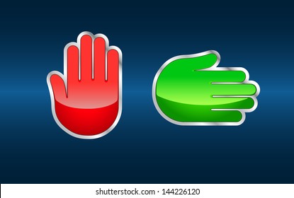 Stop And Go Hand Signs. Red And Green Colored