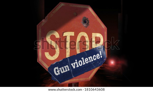 A stop gun violence is\
stuck to a stop sign that has a bullet hole in it  in this 3-D\
illustration.