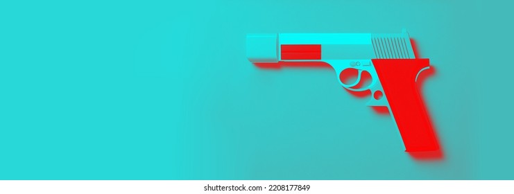 Stop Gun Violence.flat Of Gun On Blue Red Color Gradient Background.criminal In High School.law Of Gun In America.military Security, Protest To Gun Control.banner Background.weapon Police.3d Rendering