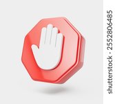 Stop hand sign. Red stop sign 3d icon. 3d Illustration.