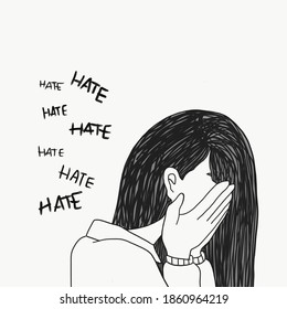 Stop Hate Speech To Crying Girl Drawing Sketch Illustration