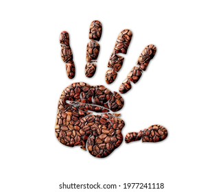 Stop Injustice Hand Sign, Coffee Beans Icon Logo Symbol, 3d Illustration