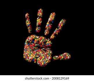 Stop Injustice Hand Sign, Sweet Candies Icon Logo Symbol, 3d Illustration