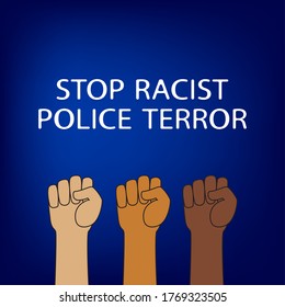 Hör auf, rassistische Polizeifahnen zu hetzen. Schwarzes Leben ist wichtig. Hände mit einem Protestzeichen fliegen auf dunklem Hintergrund. Internationale Bewegung gegen Gewalt von Schwarzen.