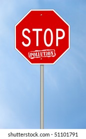 A stop sign with the text Stop pollution where the last word looks spray painted.