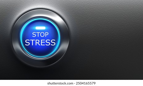 Stop stress. Button to prevent depression. Launching anti-stress process. Button to combat frustration. Stop stress sign on black background. Place for inscription. Melancholy, apathy. 3d image