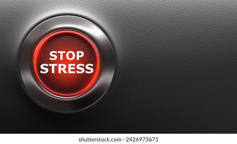 Stop stress. Button for termination of depression on black. Stop stress inscription on red. Call for termination of frustration and apathy. Stop stress logo in dashboard style. 3d image