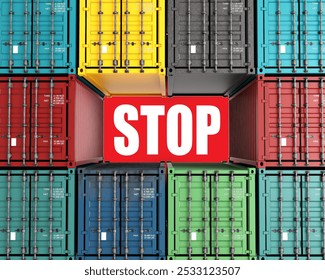 Stopping cargo transportation. Stop sign among sea shipping containers. Logistics sanctions concept. Embargo on maritime supplies. Stop logo near multi-colored cargo containers. 3d image - Powered by Shutterstock