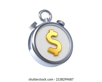 Stopwatch icon with dollar symbol on a white isolated background. Financial metaphor, revealing the concept of cashback and making money. 3d render