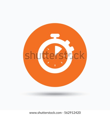 Stopwatch icon. Timer or clock device symbol. Orange circle button with flat web icon. 
