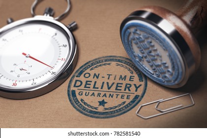 Stopwatch And A Rubber Stamp With The Text On Time Delivery. Courier Service Punctuality Concept. 3D Illustration