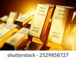 Storage with gold. Precious metal for country reserves. Gold bars lie on top each other. Golden background. Gold bars 200 grams. Aurum metal in ingots. Bullion for investment. Art blurred. 3d image