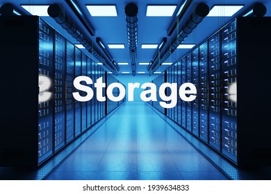 storage logo in large data center with multiple rows of network internet server racks, 3D Illustration