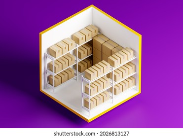 Storage Room Without Walls. Racks With Boxes In Self Storage Units. Storage Room For Rent. Warehouse Facility Rental. Warehouse With Boxes In Cut. Demonstration Of Unit Capacity. 3d Rendering