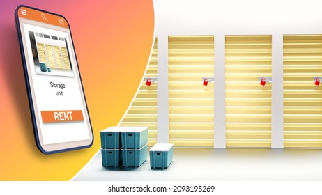 Storage Space App. Warehouse With Units Of Same Sizes. Phone With Text Storage Unit Rent. Application For Storage Unit Rent. Rooms For Renting Warehouse In Apps. 3d Rendering.