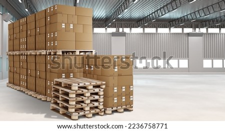 Storage space. Pallets with boxes in spacious building. Place for long-term storage. Industrial building with parcels. Goods packed in box on pallets. Storage space interior. 3d rendering.