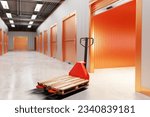 storage space. Warehouse with cantainers of different sizes. Visualization storage company. Rooms for renting warehouse. Storage containers indoors. Various types of boxes at entrance. 3d image.
