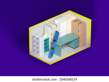 Storage Unit 5 By 10 Feet. Self Storage With Personal Furniture. Self Storage Unit On Dark Blue Background. Boxes And Furniture In Warehouse Container. Warehouse Space Illustration. 3d Image