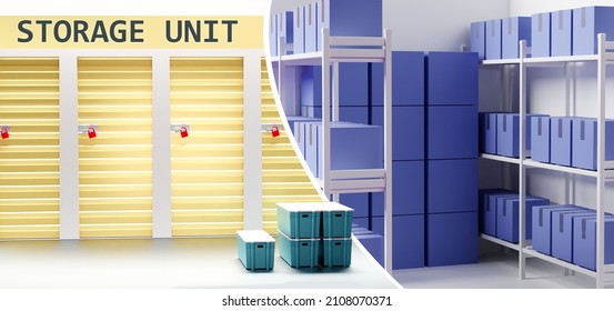 Storage Unit Logo. Blue Boxes On Storage Racks. Storage Unit Inscription Above Entrance To Warehouses. Warehouse Rental. Archive Boxes Are Stored On Racks. Banner For Warehouse Company. 3d Rendering.