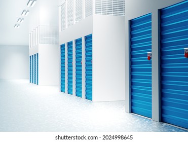 Storage Unit. Self Storage Warehouse Visualization. Concept - Storage Unit Rental. Safekeeping Cells. Warehouses With Blue Closed Gates. Safekeeping Systems Rental. 3d Visualization.