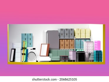 Storage Units 10 by 20 feet. Rental storage space. Self storage with demonstration of spaciousness. Warehouse container without wall. Furniture and boxes inside warehouse space. 3d rendering.