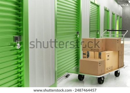 Storage units. Boxes and containers on trolley. Closed storage units. Concept renting space in warehouse. Unit rental for unnecessary personal belongings. Storage company interior. 3d image.