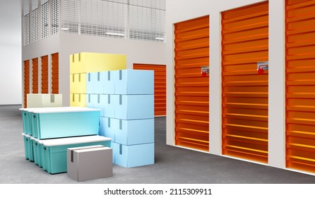 Storage Units. Multicolored Boxes At Warehouse. Warehouse For Personal Storage. Rental Of Warehouse Units. Boxes Near Doors In Storage Room. Concept Renting Place For Personal Belongings. 3d Image.