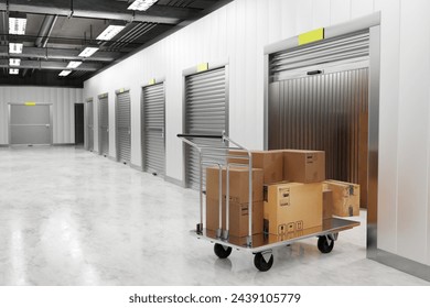Storage Units. Self storage unit cutaway.. Industrial Warehouse Interior with Cart and Rolling Shutter Doors 3d image