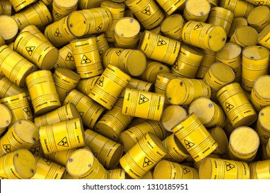 Storage And Utilization Of Nuclear Radioactive Waste Concept Background. Heap Of Yellow Barrels With Radioactive Sign. 3d Illustration