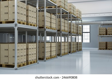 Storage Warehouse Of A Shipping Company With Many Boxes (3D Rendering)