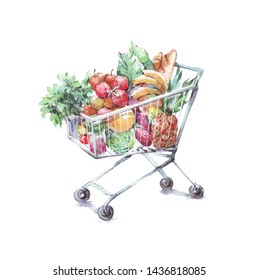 store cart with fruits and vegetables watercolor illustration