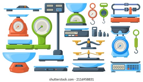 Store Electronic And Mechanical Scales For Weight Measuring. Market Or Kitchen Measuring Instrument  Illustration Set. Weigher Scales. Collection Of Scale Measurement, Mechanical Instrument