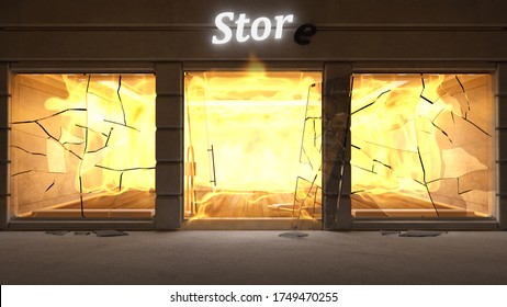 Store in Fire Flame. Ruined and Burnered Shop with Broken Front Windows at Night by Vandals. 3D Rendering
